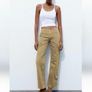 NWT ZARA MID WAIST ADJUSTABLE STRAP CARGO PANTS TOBACCO